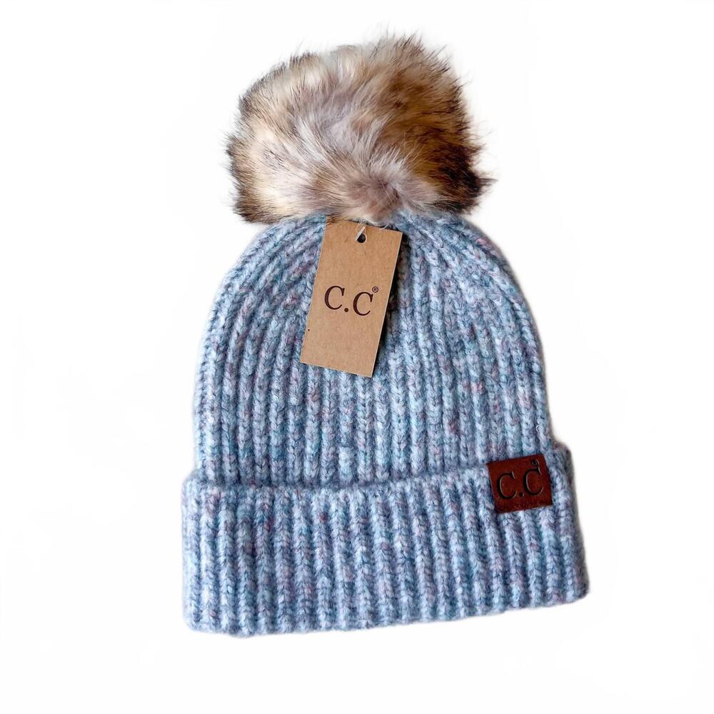 NEW CC BEANIES women's soft ribbed fur pom beanie in aqua